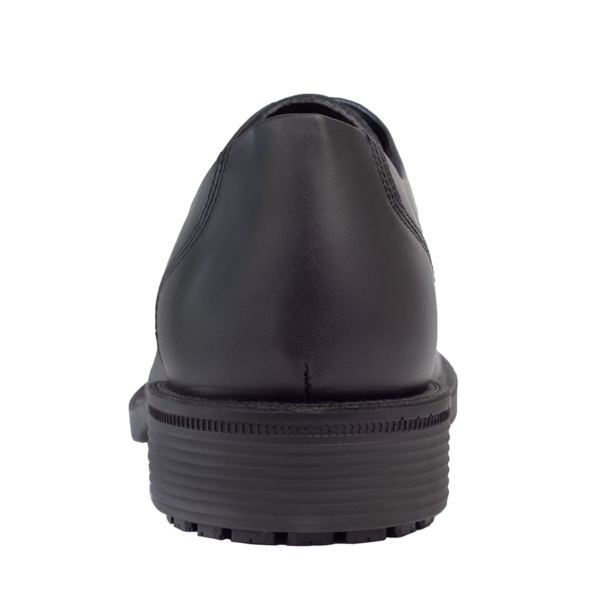 Slip resistant black formal shoe with waterproof leather upper and a removable, cushioned insole, back view.