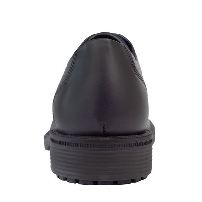 Slip resistant black formal shoe with waterproof leather upper and a removable, cushioned insole, back view.