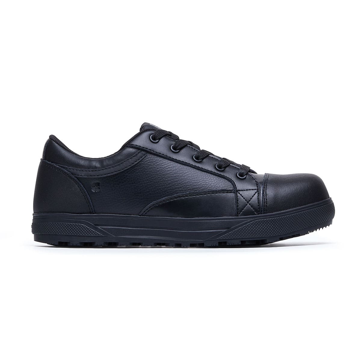 The Fergus Black from Shoes For Crews is an slip-resistant safety shoe with a waterproof leather upper and a nanocomposite toe cap (200 joules), seen from the right.