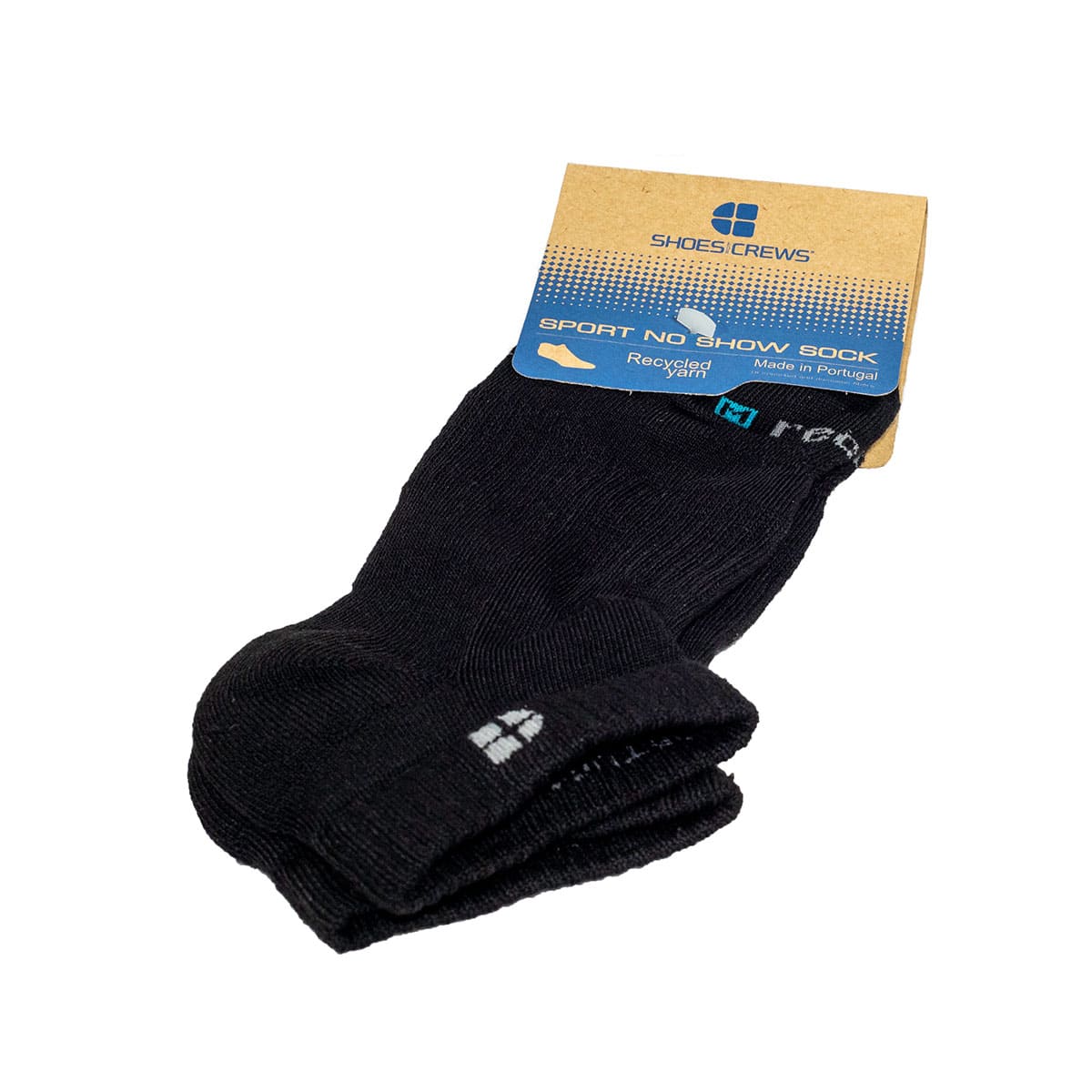 The No Show Recycled Sock from Shoes For Crews is made from 100 % recycled polyester and is the perfect combination of support, comfort and sustainability, packaging image.