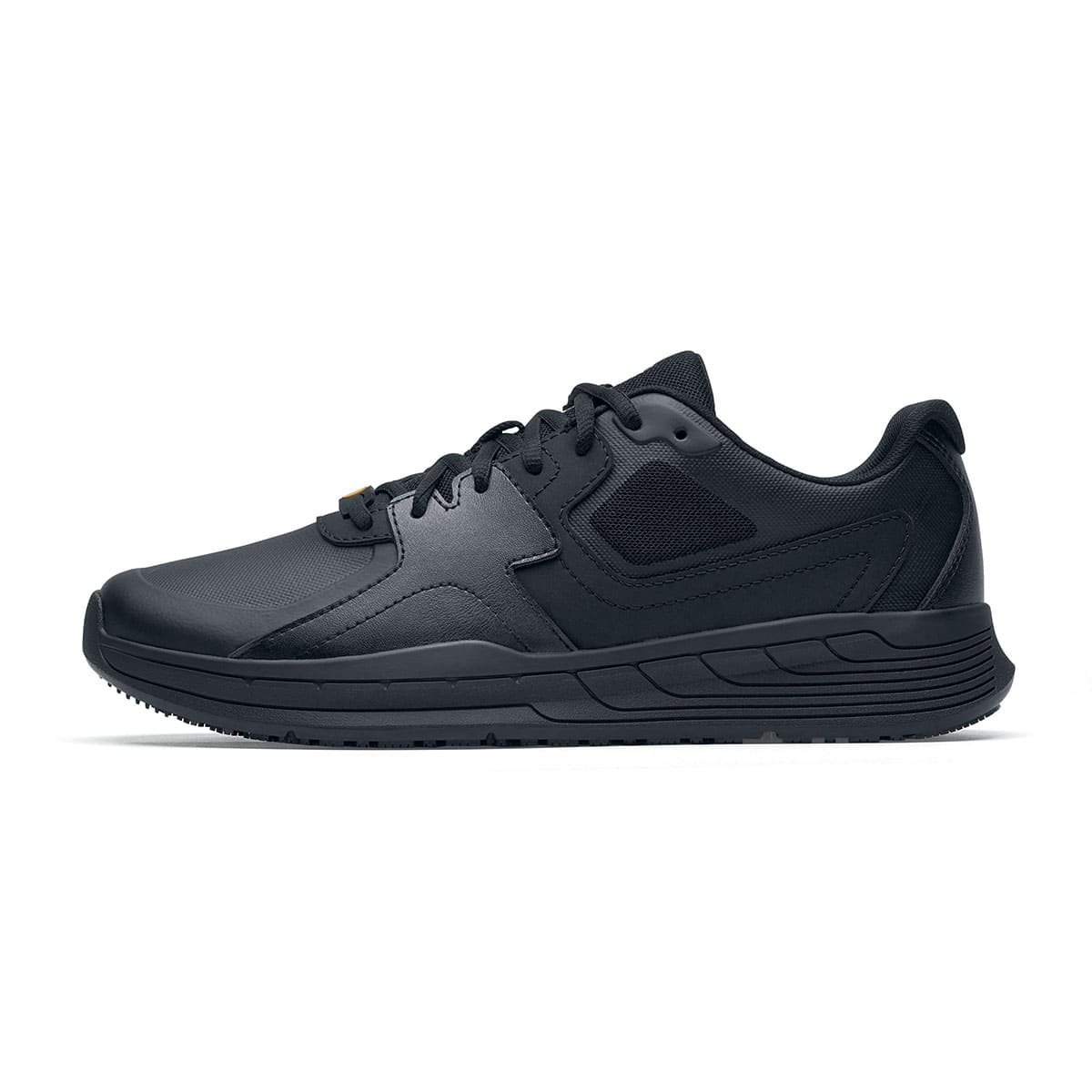 The Shoes for Crews Condor II Unisex Black trainers feature a slip-resistant outsole and an easy-to-clean, breathable fabric upper with SpillGuard protection, seen from the left.