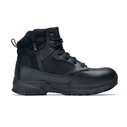 The Defence Mid from Shoes For Crews are waterproof, slip-resistant safety boots, seen from the right.