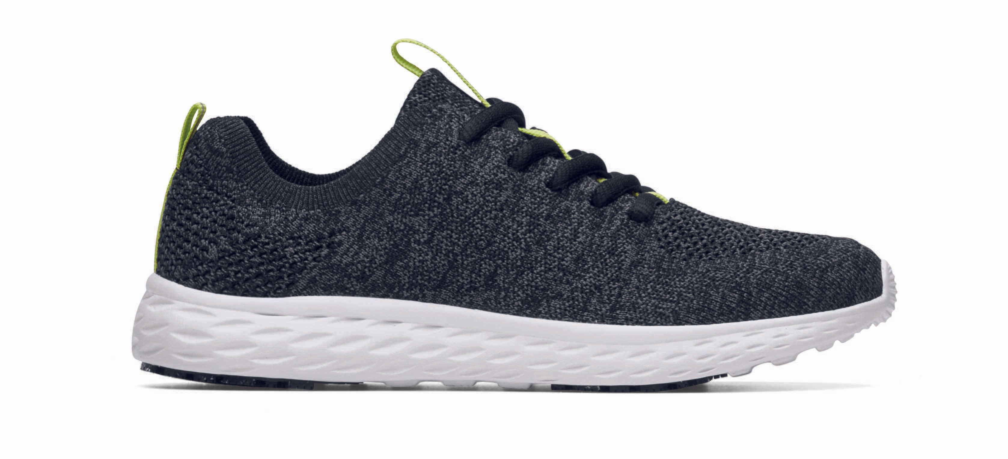 The Everlight™ ECO Womens Black/Grey from Shoes For Crews are lightweight, breathable slip-resistant trainers made from recycled materials, seen from the right.