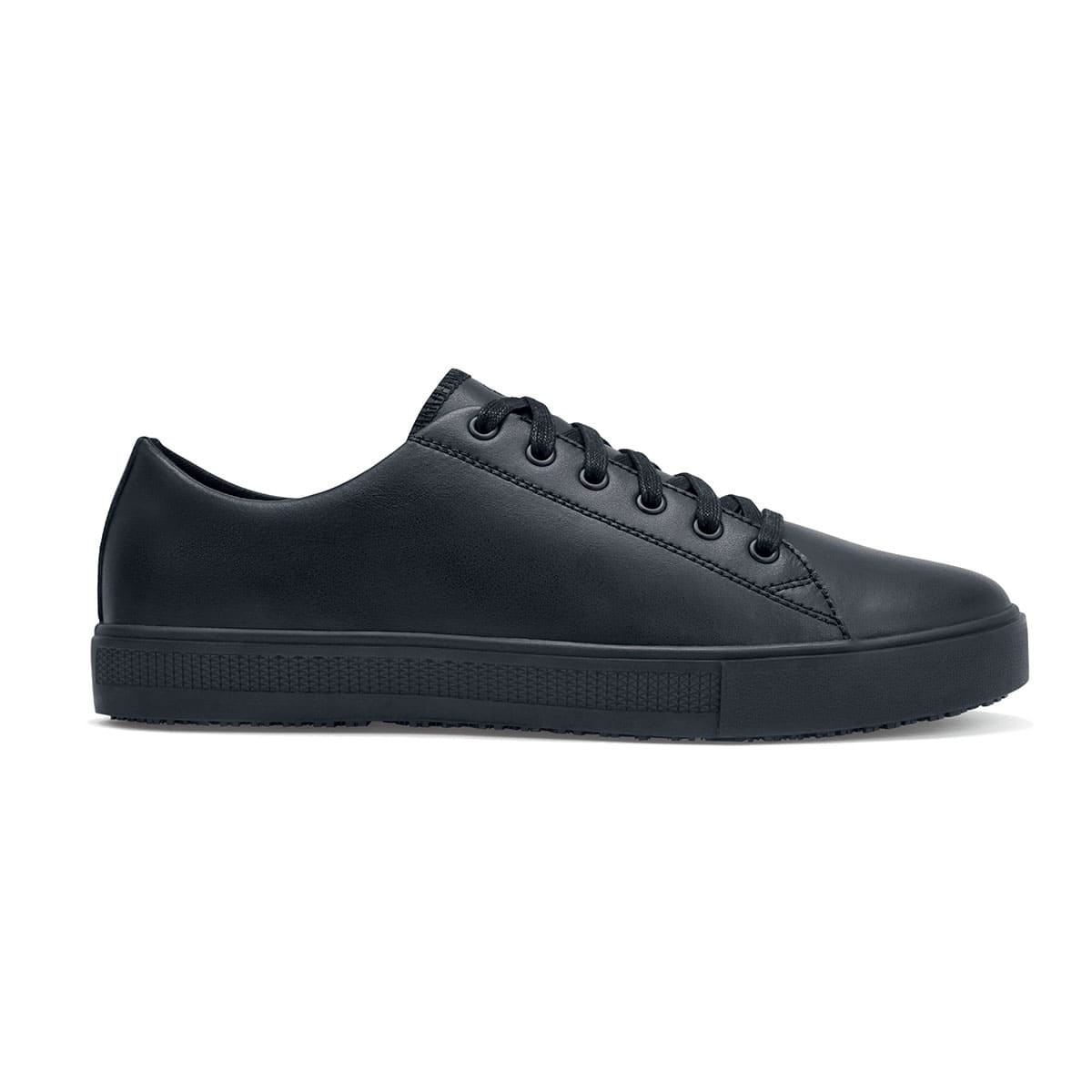 The Old School Low-Rider Black Gladiator Outsole from Shoes For Crews is a slip resistant lace-up shoe designed to provide comfort throughout the day, seen from the right.
