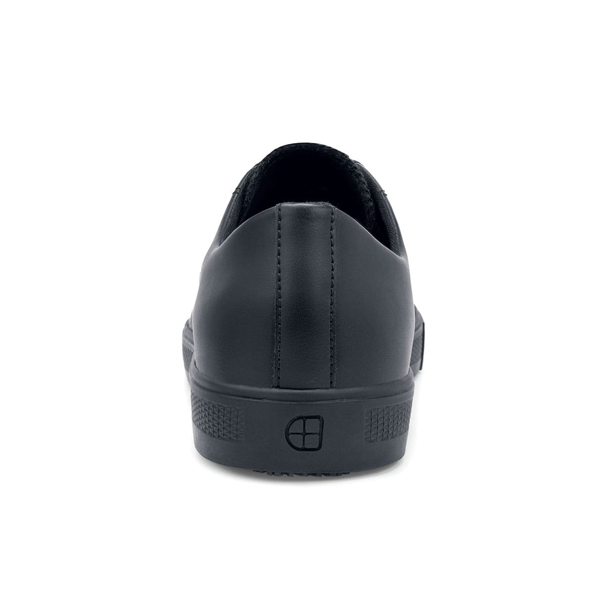 The Old School Low-Rider Black Gladiator Outsole from Shoes For Crews is a slip resistant lace-up shoe designed to provide comfort throughout the day, seen from the back.