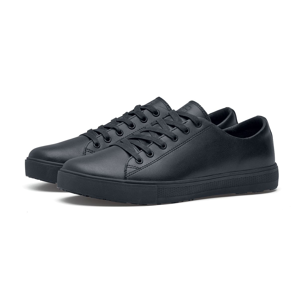 The Old School Low-Rider Black Gladiator Outsole from Shoes For Crews is a slip resistant lace-up shoe designed to provide comfort throughout the day, pair seen in profile on the left.