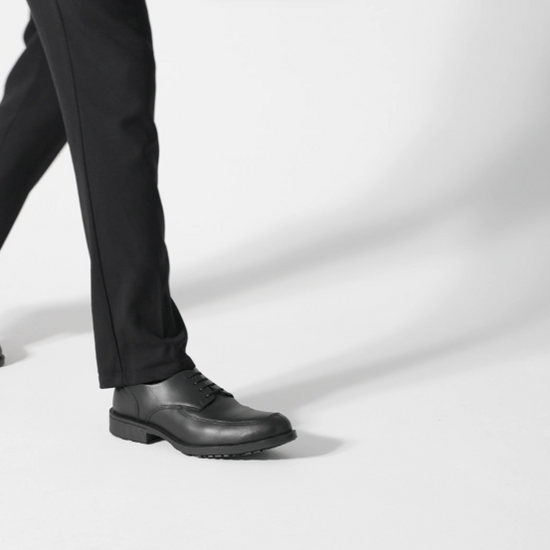 Slip resistant black formal shoe with waterproof leather upper and a removable, cushioned insole, product video.